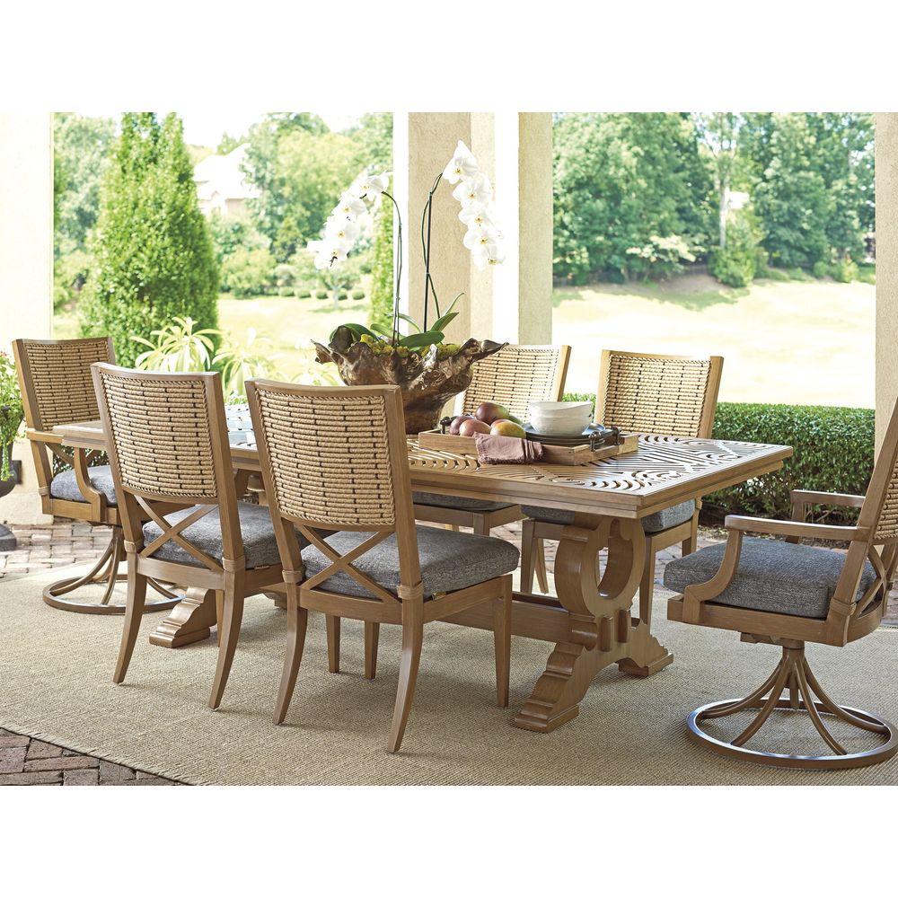 Alternate view of Rectangular Dining Table, featuring openwork carved surface, wood, and dual pedestal base.