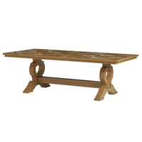 Rectangular Dining Table, shown in light brown and honey oak with wood and dual pedestal base.