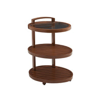 Tiered End Table, shown in medium brown with wood, glass, and three-tier open shelving.