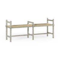 Bellingham Country Grey Bench, shown in soft grey with wood, woven rush, and fixed low open arms.