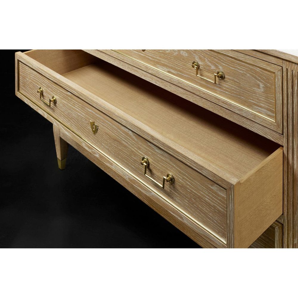 Alternate view of French Three Drawer Commode-Oak, featuring gilt metal ferrules, oak, brass, and three full-width drawers.