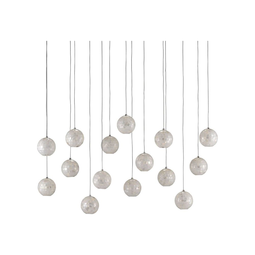 Additional view of Finhorn 15-Light Linear Multi-Drop Pendant in iridescent cream and pearlescent white.