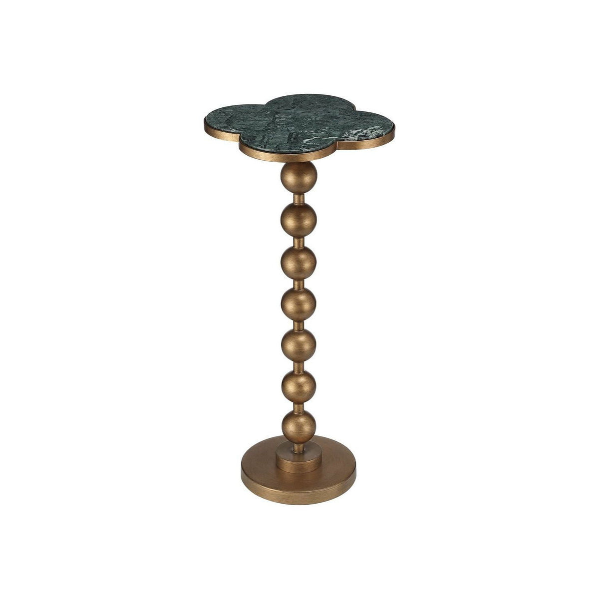 Quatrefoil Green Accent Table, shown in green and brass gold with marble, metal, and a compact accent surface.