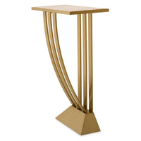 Console Table Beau Deco Brushed Brass Finish, shown in brushed brass gold and light beige with travertine and brass.