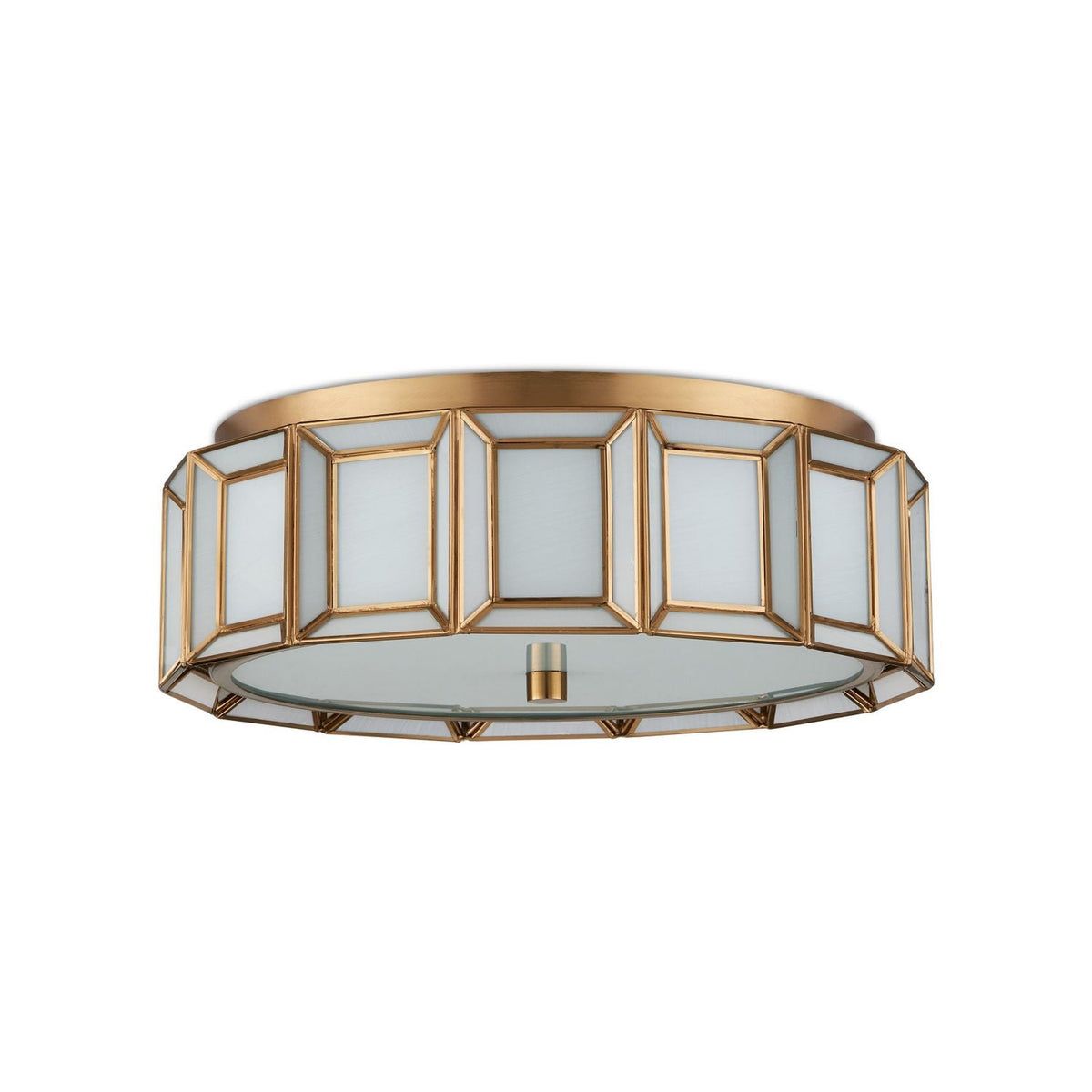 Daze Flush Mount, shown in antique brass and soft white with metal, milk glass, and glass diffuser.