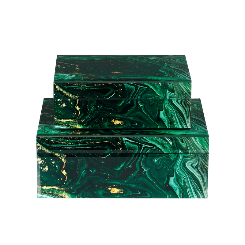 Interstellar Green Box Set of 2, shown in emerald green and deep green with glass, velvet, and hinged lids.