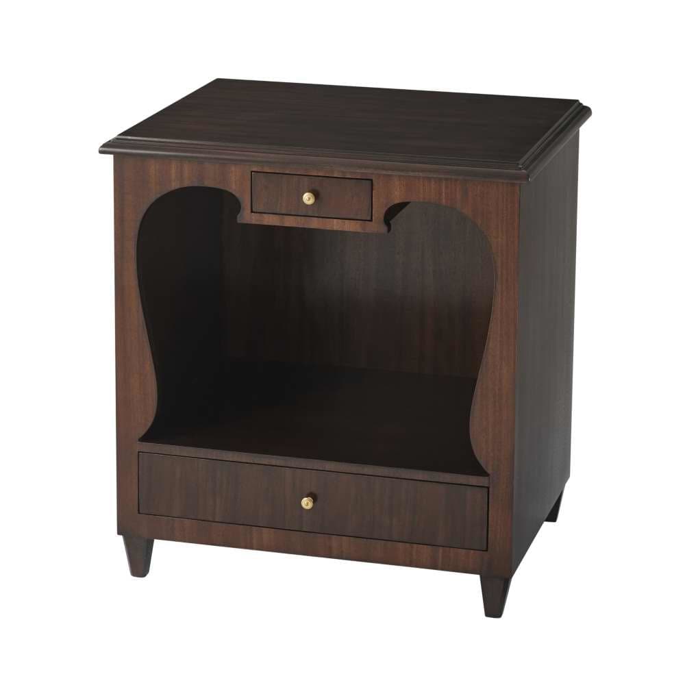 Catrine Nightstand, shown in dark walnut brown and espresso with wood, leather, and upper small drawer.