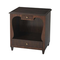 Catrine Nightstand, shown in dark walnut brown and espresso with wood, leather, and upper small drawer.