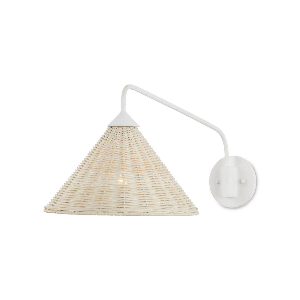 Basket White Swing-Arm Wall Sconce, shown in white and cream with rattan, wrought iron, and swing-arm adjustable positioning.