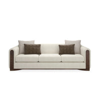 Dimitri Sofa 102, shown in ivory and cream with fabric, wood, and fixed arms.
