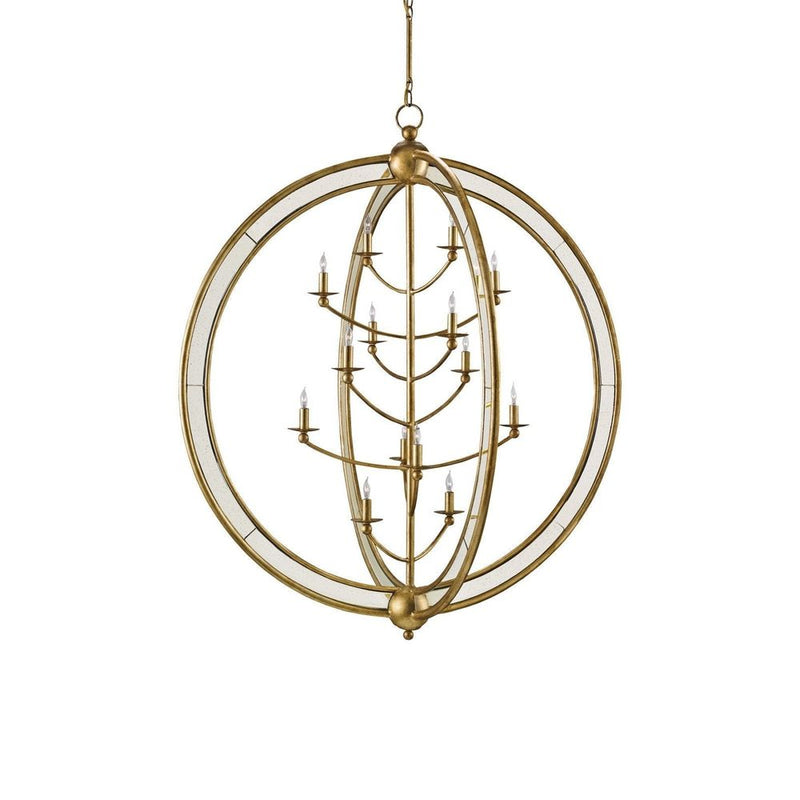 Aphrodite Gold Orb Chandelier, shown in antique gold and warm brass with wrought iron and mirrored glass.