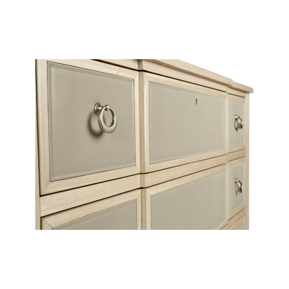 Alternate view of Neap Leather Front Chest, featuring brushed metal hardware, wood, leather, and multiple drawer storage.