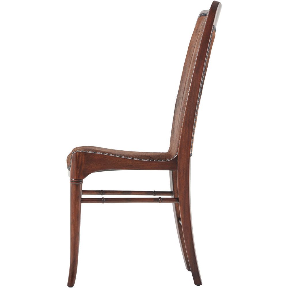 Additional view of The Sweep Dining Chair in medium brown and dark walnut brown, featuring nailhead trim finish and armless.