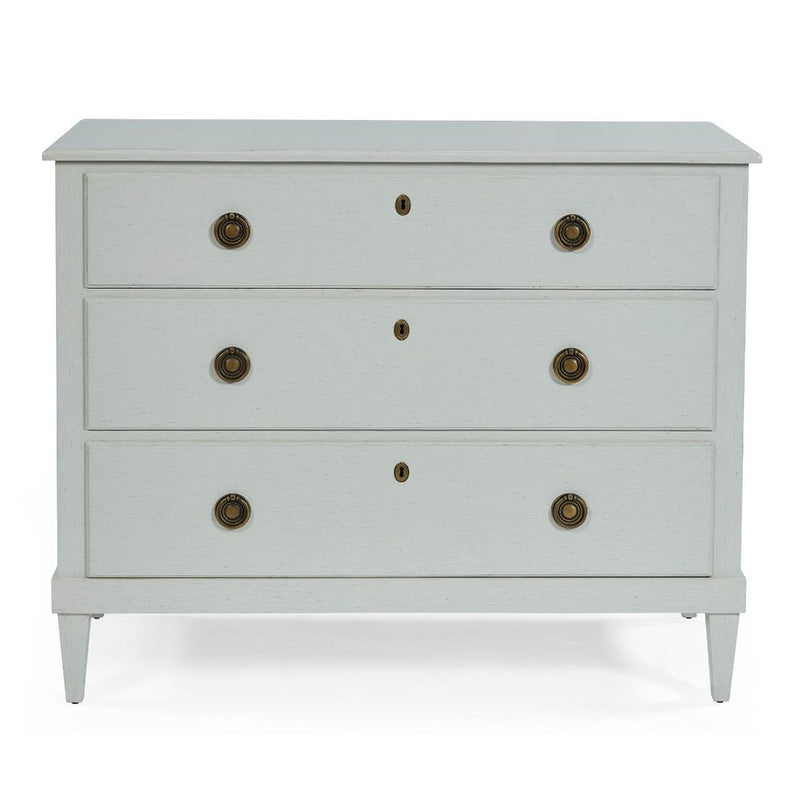 Adams Dresser, shown in soft gray and pale greige with wood, metal, and three full-width drawers.