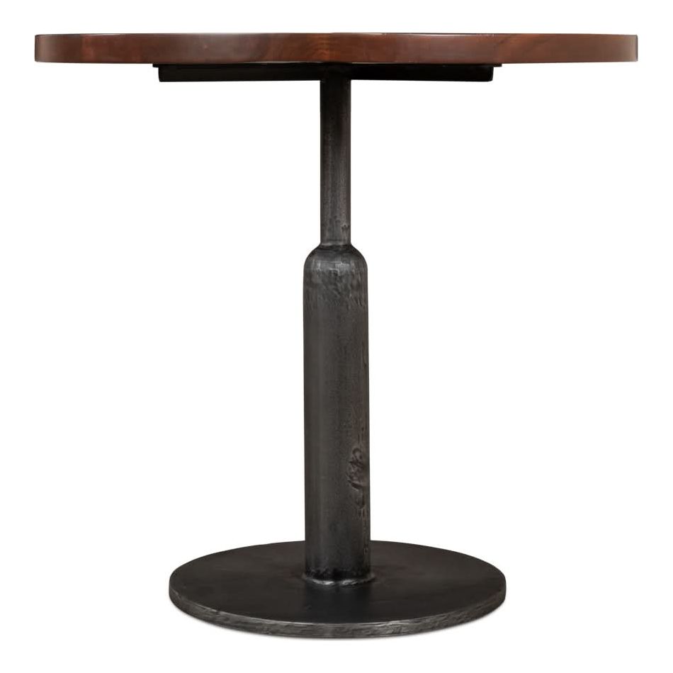 Cafe Table, shown in walnut brown and charcoal black with solid wood, metal, and round tabletop.