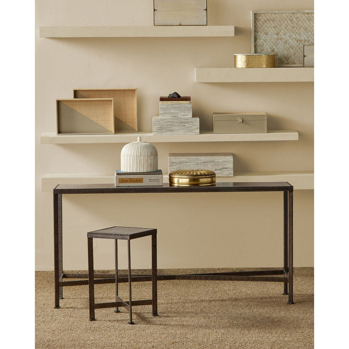 Alternate view of Ampleur Side Table, featuring chiseled finish, travertine, wrought iron, and a solid stone slab top.