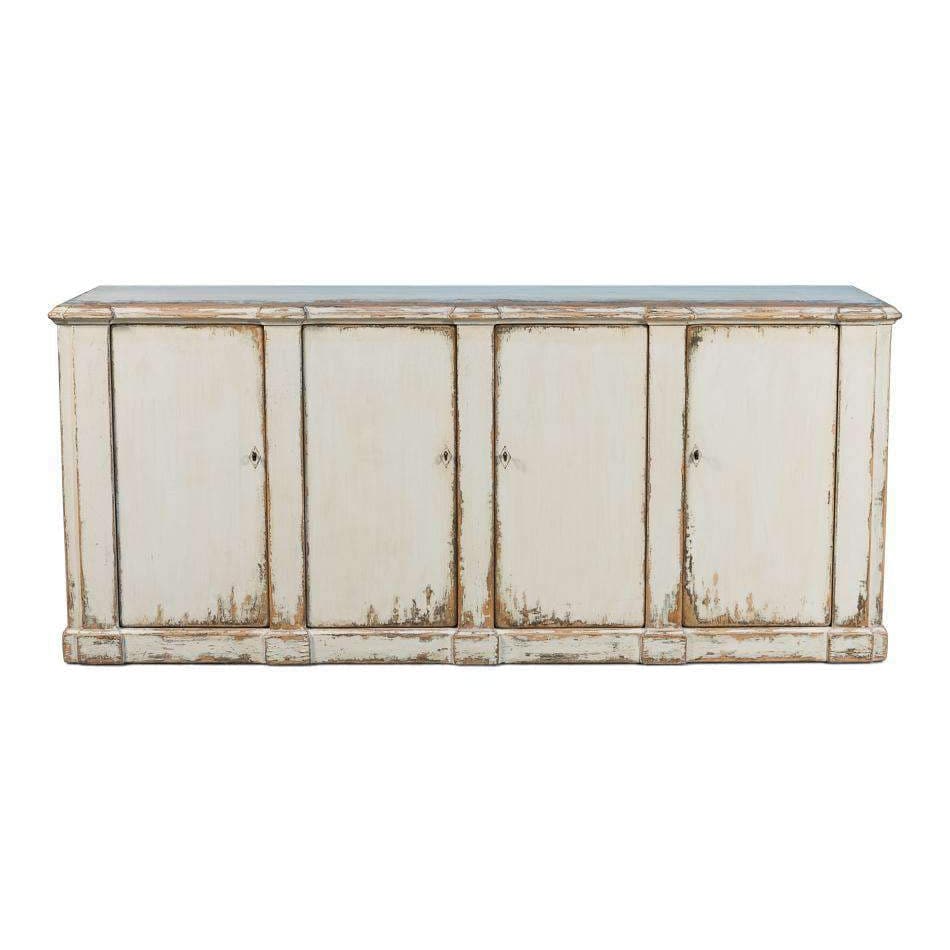 Villefranche Sideboard, shown in off-white and ivory with wood and four hinged cabinet doors.