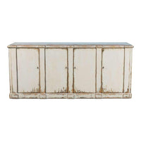Villefranche Sideboard, shown in off-white and ivory with wood and four hinged cabinet doors.