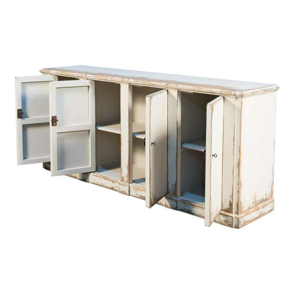 Additional view of Villefranche Sideboard in off-white and ivory, featuring distressed paint and four hinged cabinet doors.