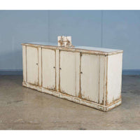 Alternate view of Villefranche Sideboard, featuring distressed paint, wood, and four hinged cabinet doors.