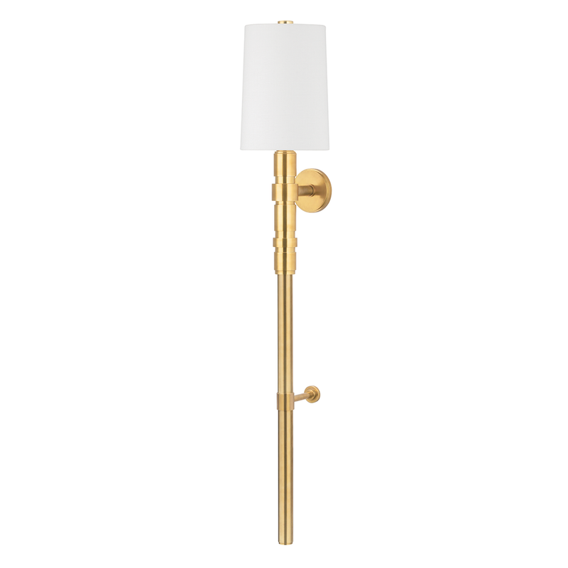 Cormoran Wall Sconce, shown in vintage brass gold and white with brass, fabric, and a wall-mounting round backplate.
