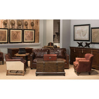 Alternate view of Laramie Trunk Coffee Table, featuring antiqued metal finish, leather, wood, and lift-top hinged lid.