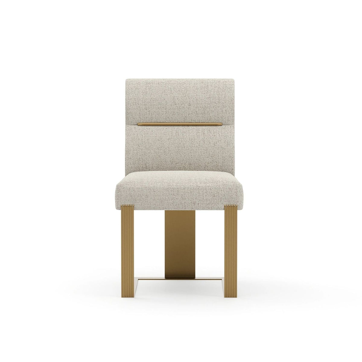 Counter Balance Dining Chair, shown in ivory and warm brass with textured fabric, metal, and armless.