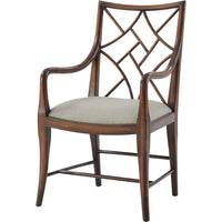 A Delicate Trellis Armchair, shown in dark mahogany brown and light taupe beige with wood, fabric, and fixed arms.