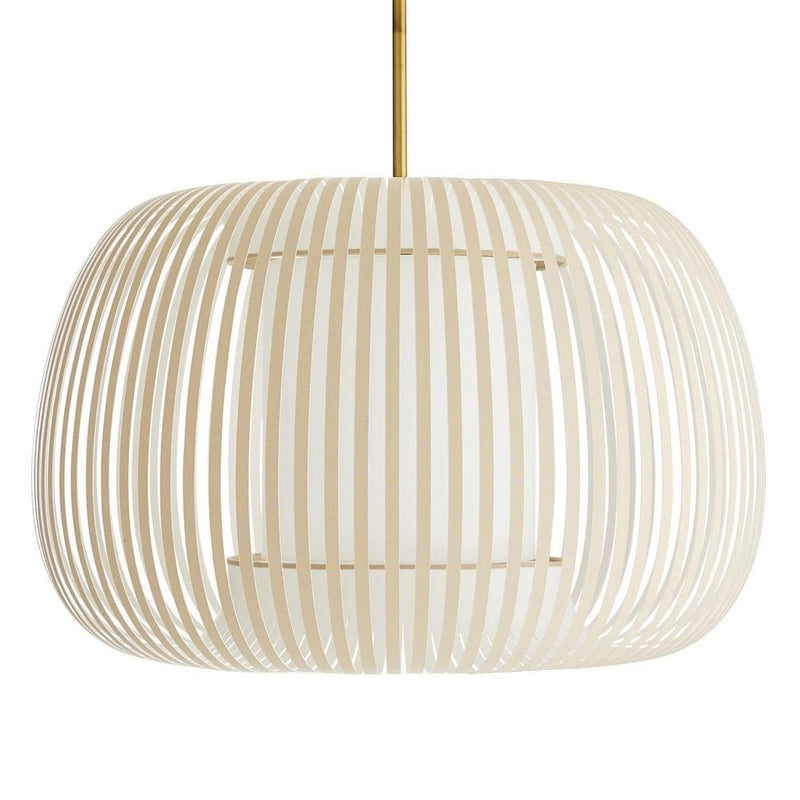 Chloe Sophisticated Pendant, shown in cream and off-white with wood or wood-look slats and fabric diffuser.