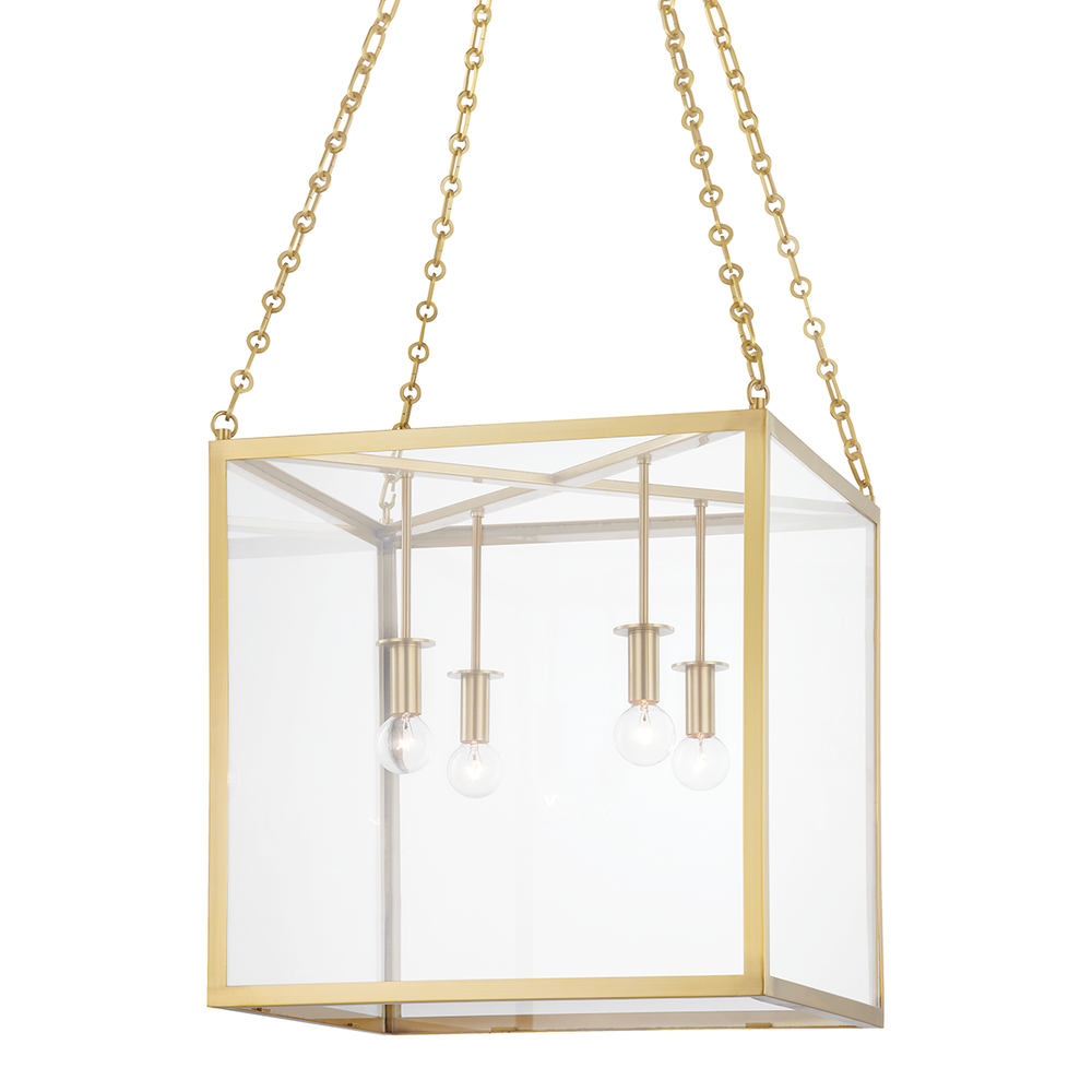 Catskill Lantern, shown in brass gold and clear with brass metal, glass, and chain-suspended pendant.