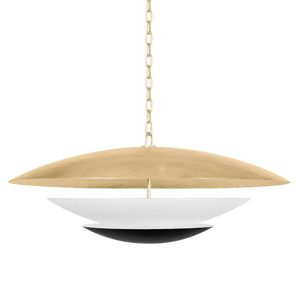 Adara Chandelier, shown in gold and white with metal, gold leaf, and chain suspension.