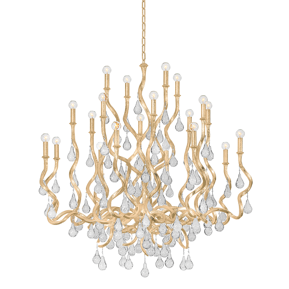 Aveline Chandelier, shown in gold with metal, crystal, and a chain-hung ceiling mount.