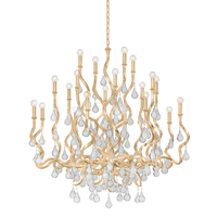 Aveline Chandelier, shown in gold with metal, crystal, and a chain-hung ceiling mount.