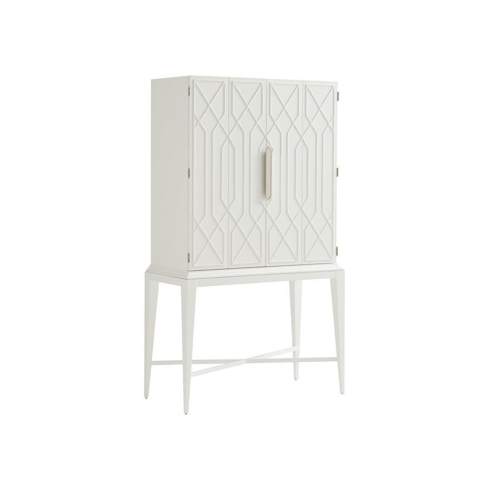 Elmhurst Bar, shown in white and alabaster with wood, metal, and geometric fretwork bifold doors.