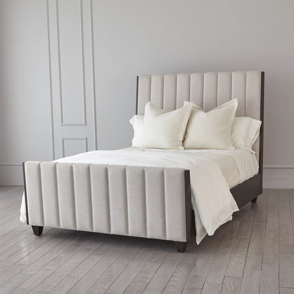 Alternate view of Channel Bed, featuring upholstery fabric, wood, and tall upholstered headboard.