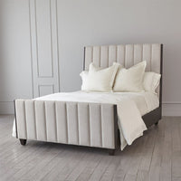 Alternate view of Channel Bed, featuring upholstery fabric, wood, and tall upholstered headboard.