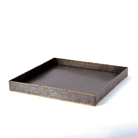 Laforge Ottoman Tray, shown in charcoal brown and dark taupe with metal and shallow raised perimeter rim.