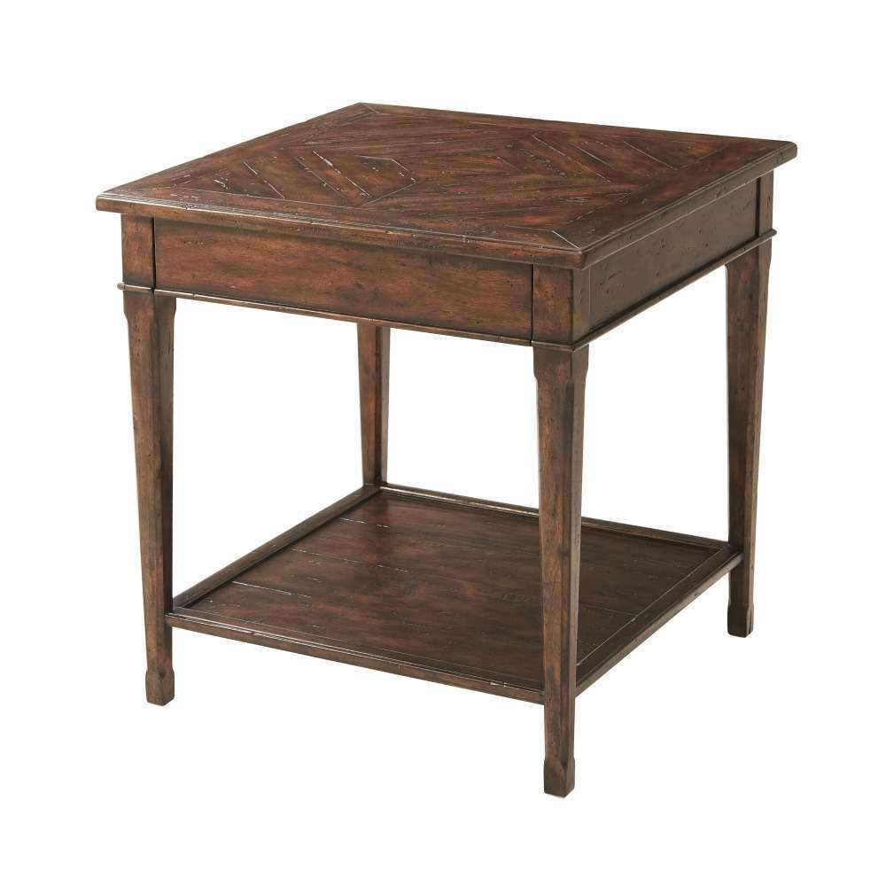 The Castle Guest Side Table, shown in dark brown and medium walnut brown with wood and single integrated drawer.