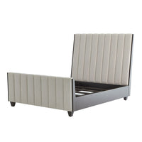 Additional view of Channel Bed in light beige and warm gray, featuring tall upholstered headboard.