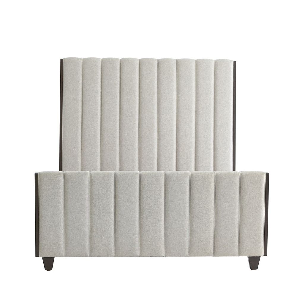 Channel Bed, shown in light beige and warm gray with upholstery fabric, wood, and tall upholstered headboard.