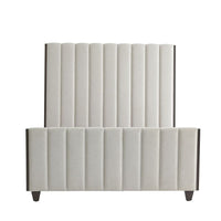 Channel Bed, shown in light beige and warm gray with upholstery fabric, wood, and tall upholstered headboard.
