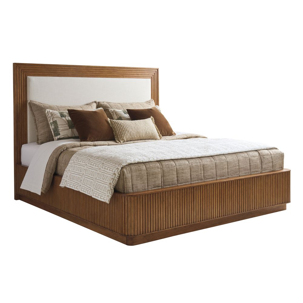 Pendry Upholstered Panel Bed 6/6 King, shown in medium walnut brown and cream ivory with wood and upholstery fabric.