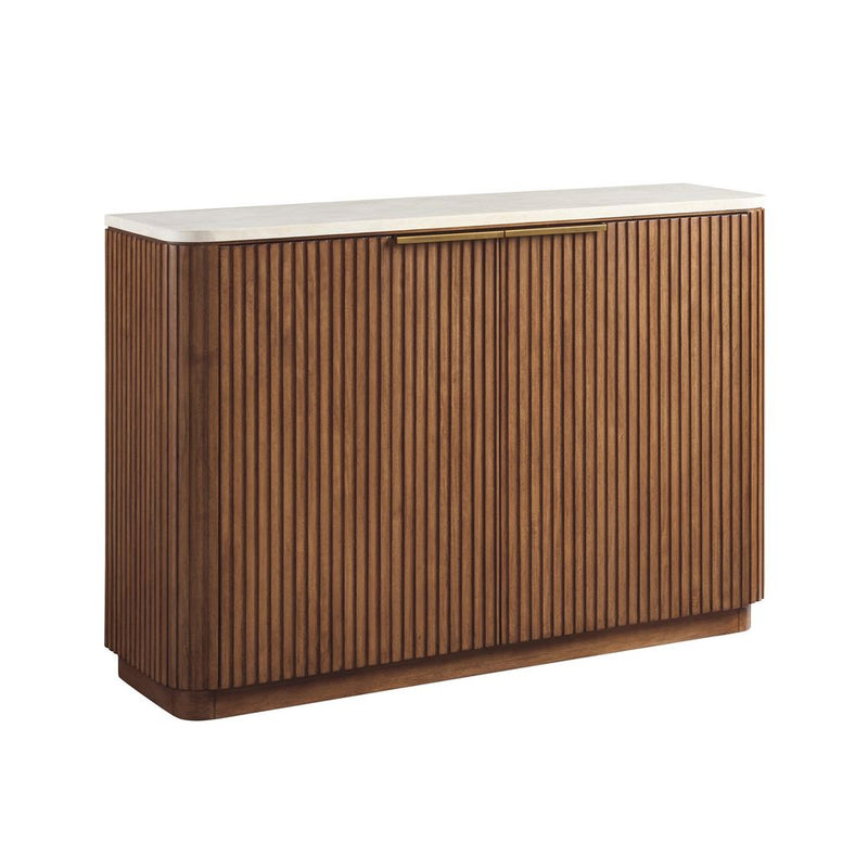 Avenida Hall Chest, shown in warm medium brown and cream with wood, stone, and two-door enclosed storage cabinet.