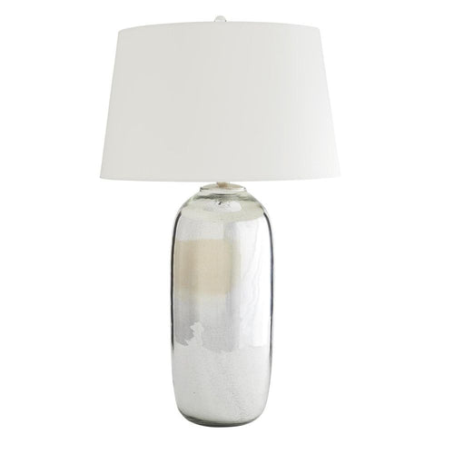 Everett Lamp, shown in silver and off-white with glass, fabric, and a table lamp base.