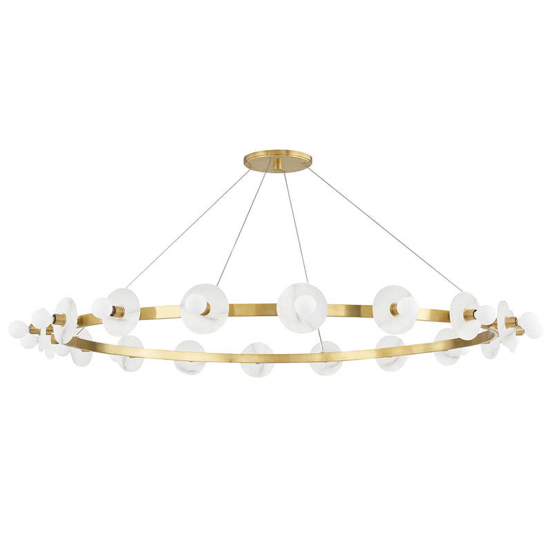 Austen Chandelier, shown in brass gold and white with brass metal, marble, and a ceiling canopy mount.