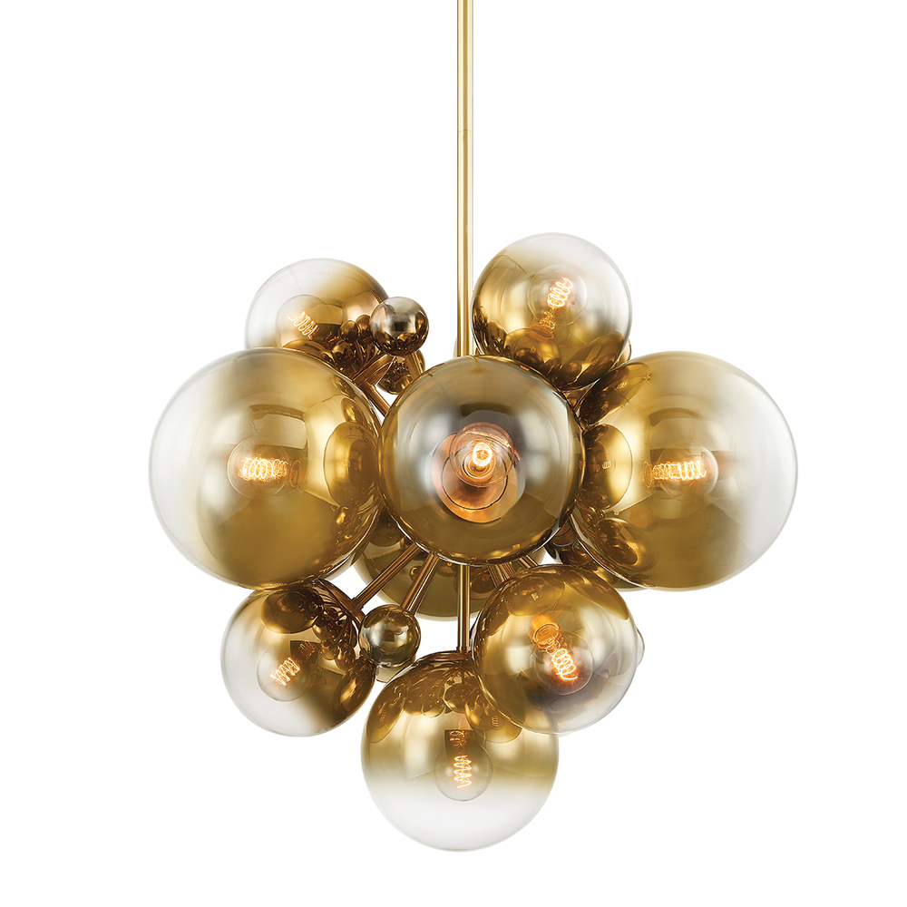 Kyoto Chandelier, shown in polished brass gold and amber glass with brass, glass, and ceiling-hung pendant stem.