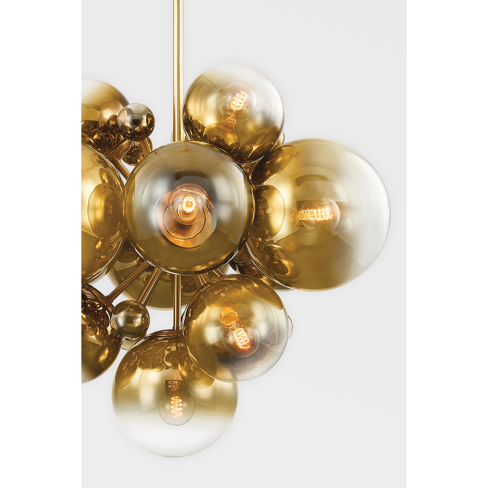 Additional view of Kyoto Chandelier, featuring reflective metallic finish, brass, glass, and ceiling-hung pendant stem.
