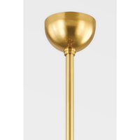 Alternate view of Kyoto Chandelier, featuring reflective metallic finish, brass, glass, and ceiling-hung pendant stem.