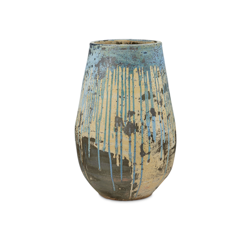 Capaci Antique Blue Drip Planter, shown in antique blue and cream-beige with terracotta, ceramic, and open-top vessel.