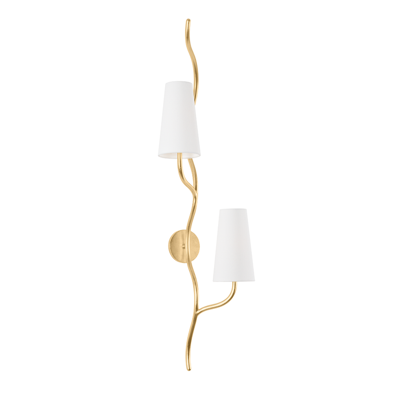 Cortona Wall Sconce, shown in gold and white with metal, fabric, and a circular wall-mount backplate.